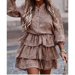 New- Boutique Brown Dotted Dress with Ruffles Women's- Medium
